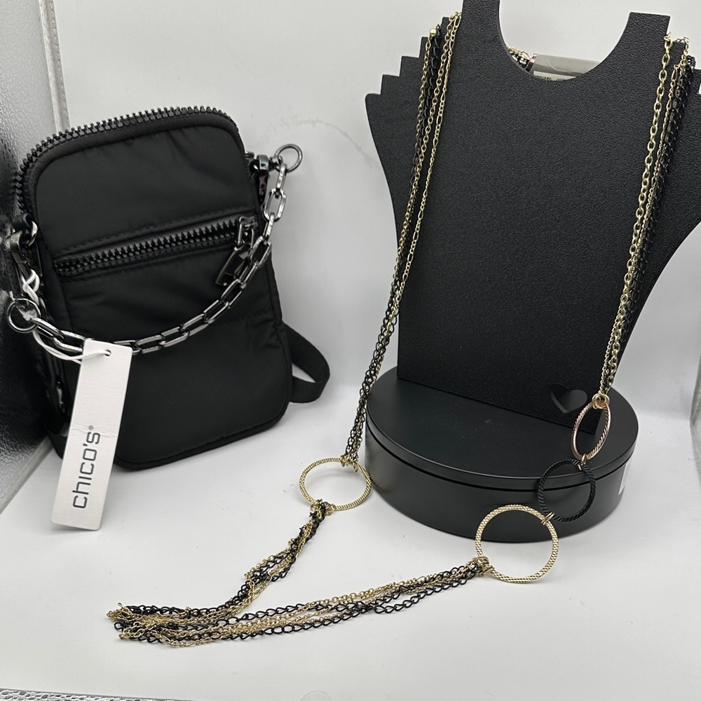 Chico's Black Crossbody Bag w Chain Detail & multi-strand necklace NWT $79 retai